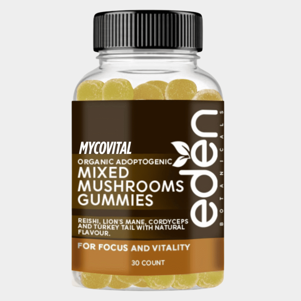 MycoVital Organic Adaptogenic Mixed Mushroom Gummies – 30 Count, elderberry flavored with lion’s mane, reishi, cordyceps, and turkey tail
